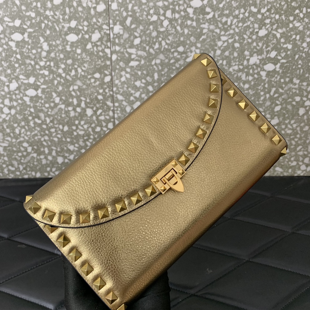 Valentino Garavani Rockstud Small Shoulder Bag in Gold Grainy Calfskin